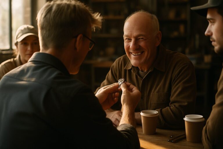 Smiling man in a brown shirt receives a ring from a friend in a cozy cafe, with two takeaway coffees on the table.